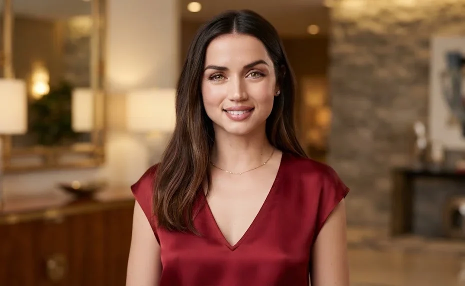 Ana de Armas wearing an elegant red blouse in a luxury interior setting