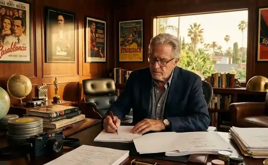 A seasoned Hollywood director in glasses writing on a script at his desk inside a sunlit Beverly Hills office with mahogany walls and framed classic movie posters.