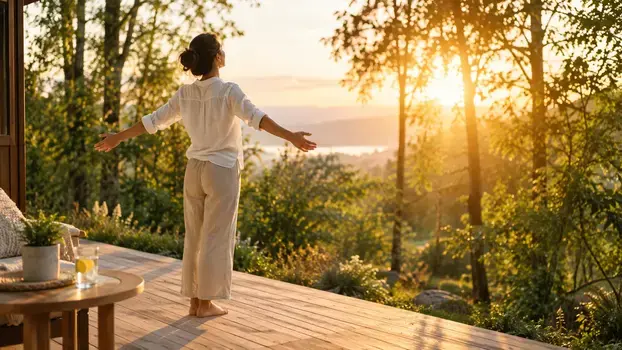 Person practicing merfez morning wellness routine with sunlight and hydration on a wooden deck at sunrise