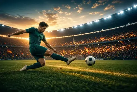 Cinematic wide-angle photograph of a football striker mid-shot kicking the ball in a packed stadium at golden hour, dramatic floodlights, glowing crowd flags, shallow depth of field, motion blur on grass, professional sports photography