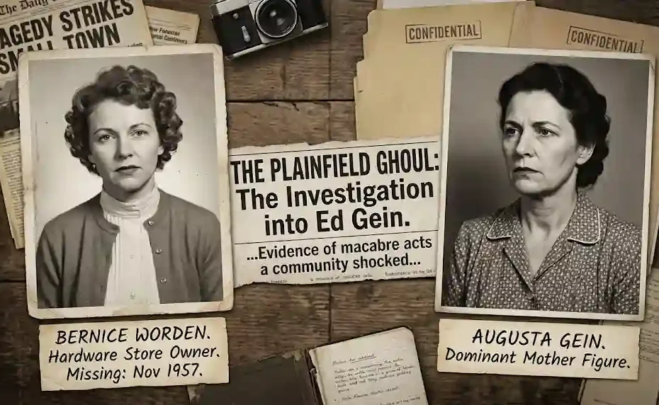 Vintage true crime case study collage featuring Bernice Worden and Augusta Gein with newspaper headlines about Ed Gein investigation.