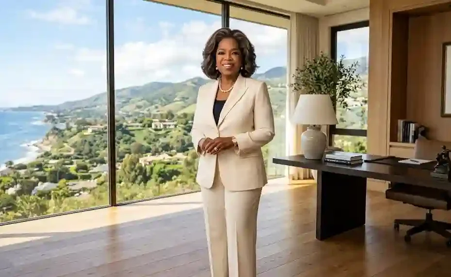 Oprah Winfrey inspired female media mogul in a cream suit standing in a sunlit luxury office in Montecito California with coastal views