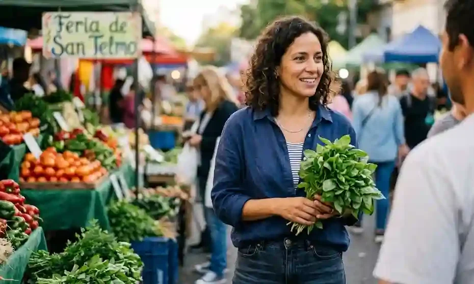Argentine chef Ximena Saenz smiling while holding fresh herbs at the Feria de San Telmo outdoor market.