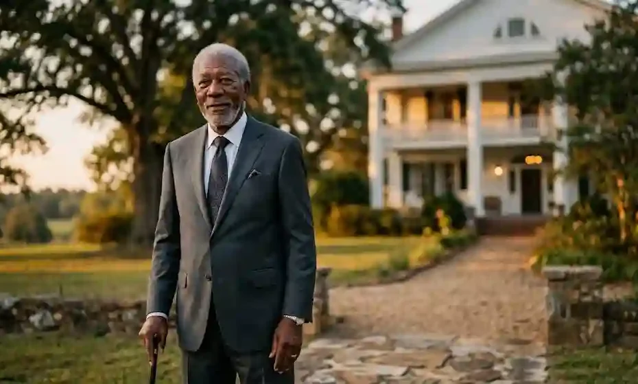 A distinguished elderly African-American actor in a sharp charcoal suit standing near a white vintage Mississippi countryside manor during golden hour.