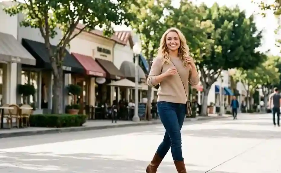Hayden Panettiere walking confidently down a suburban street in a beige sweater and jeans.