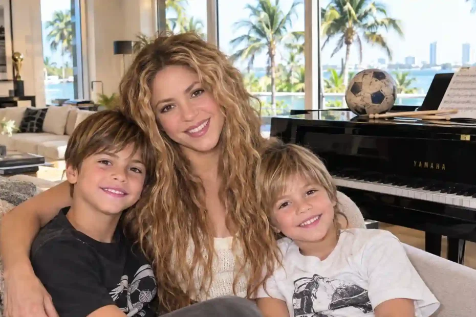 Shakira and kids relaxing together in a modern Miami living room