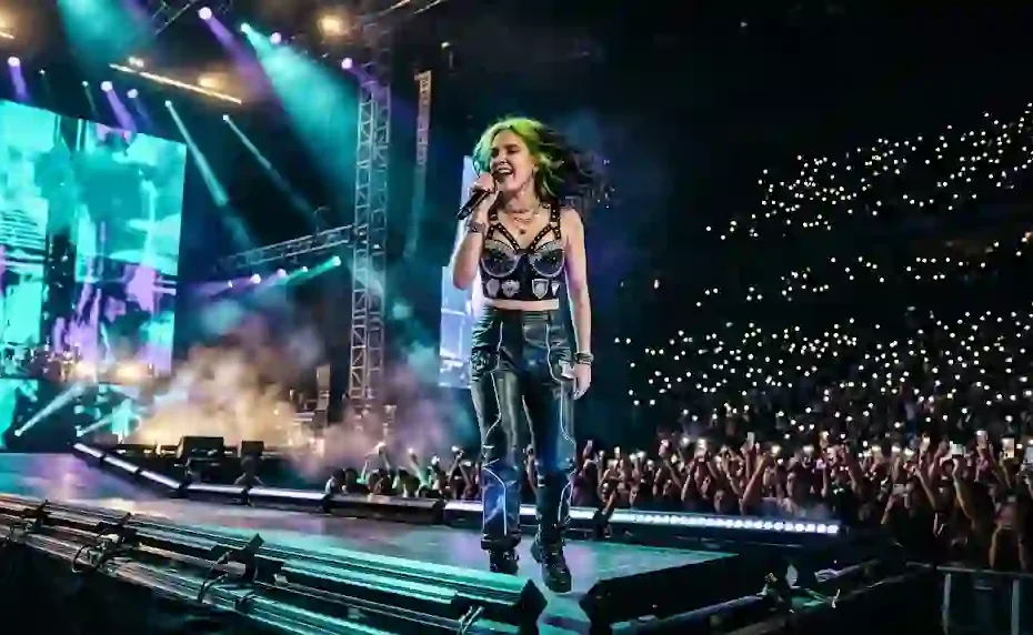 A young female pop star with neon-green roots and dark hair performing live on a massive illuminated concert stage in front of thousands of glowing phone lights inside a dark arena, captured with dramatic teal and purple stage lighting.