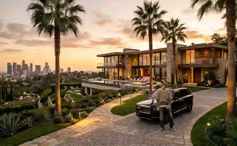 Justin Bieber standing next to a black Rolls-Royce in front of a luxury Beverly Hills modern mansion during golden hour.