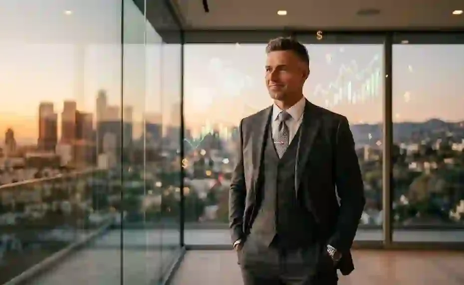 A confident Hollywood actor in a tailored charcoal suit standing inside a modern glass-walled penthouse overlooking the Los Angeles skyline during golden hour, with subtle holographic financial charts and floating gold dollar signs in the background.