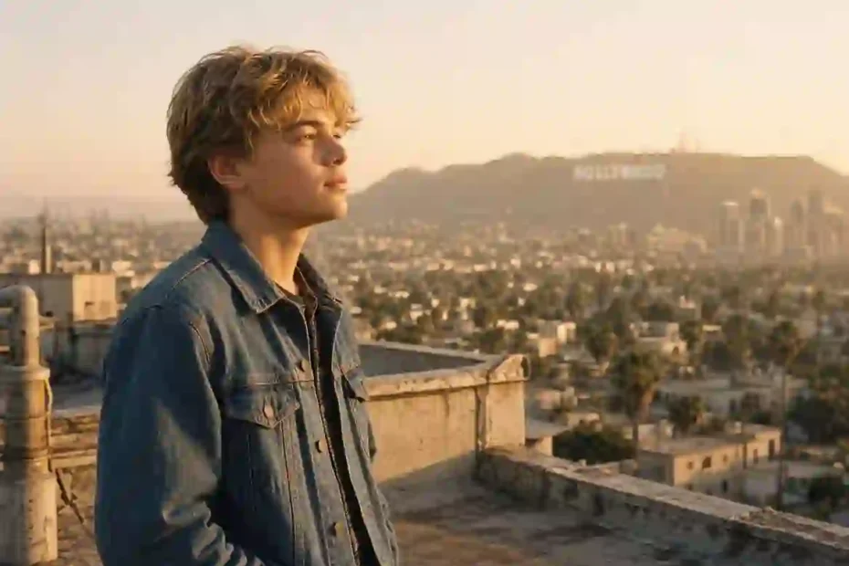 Cinematic photograph of a teenage boy resembling 1990s Leonardo DiCaprio standing on a sunlit Los Angeles rooftop at golden hour, wearing a vintage denim jacket and gazing toward the Hollywood sign in the hazy distance